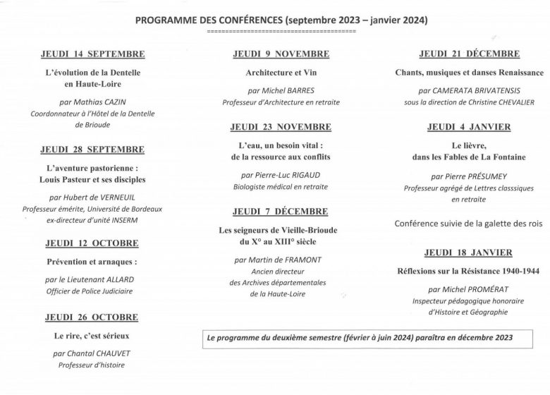 Les seigneurs de Vieille-Brioude – Programme des conférence d’UPT